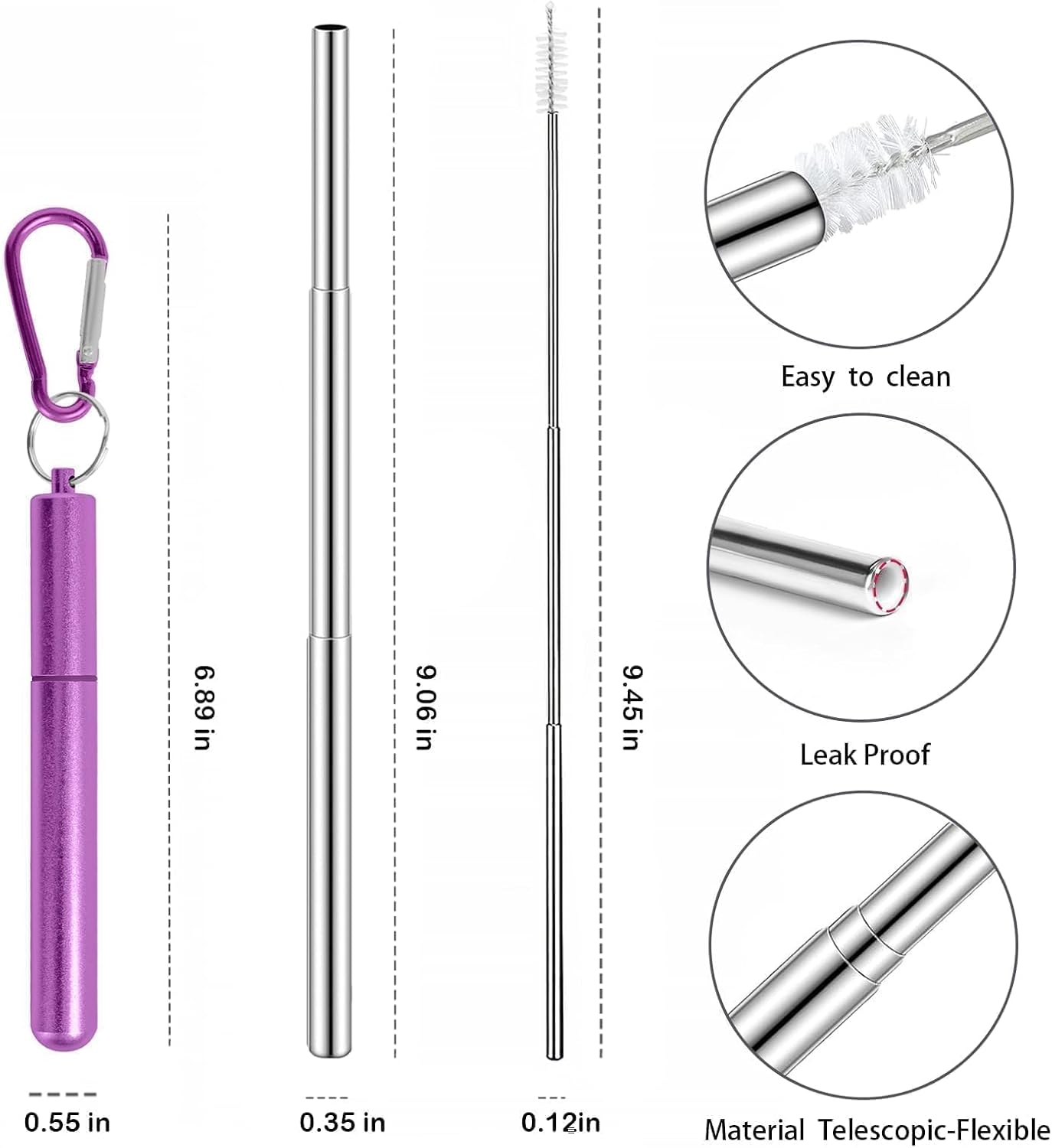 Collapsible Stainless Steel Drinking Straws with Aluminum Case, Cleaning Brush, and Keychains（Black+Silver）