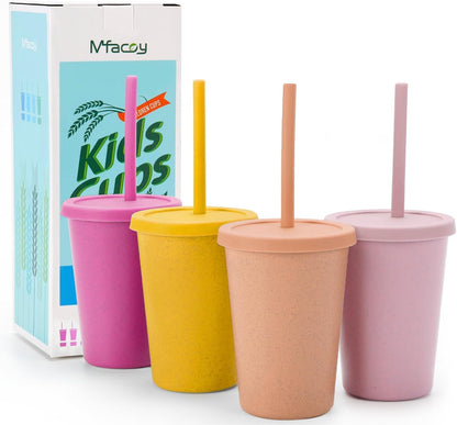 Mfacoy 4 Pack Wheat Straw Cups with Lid and Straws, 10 oz Unbreakable Kids Cup, Reusable Drinking Cups, Small Water Cup, Colourful Tumbler Cups for Kitchen, BPA Free, Dishwasher & Microwave Safe