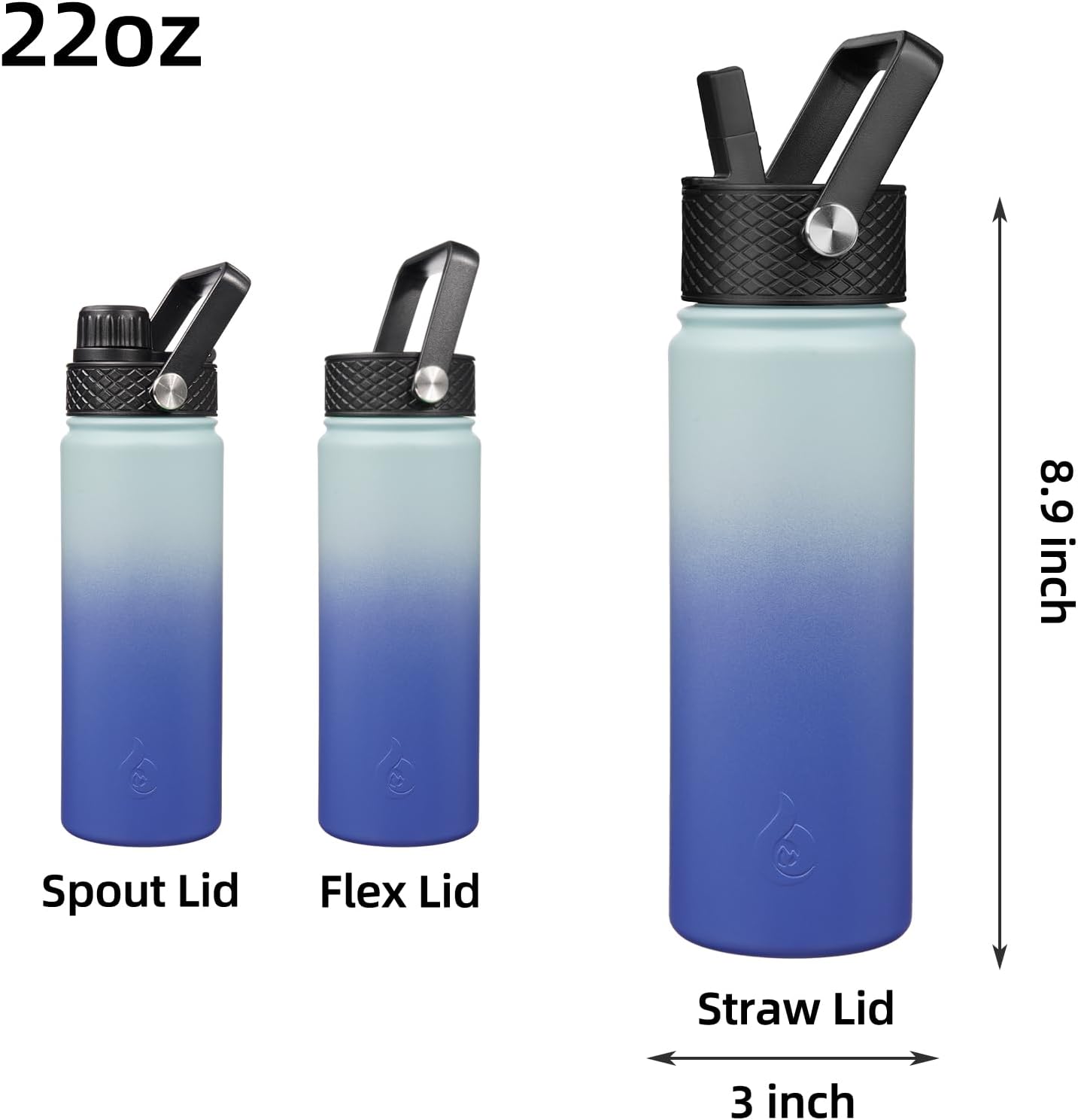 BJPKPK Insulated Water Bottles with Straw Lid, 40oz Stainless Steel Water Bottles with 3 Lids, BPA Free Leakproof Thermo, Tumblers, Cups for Sports, Gym- Midnight - Colors B