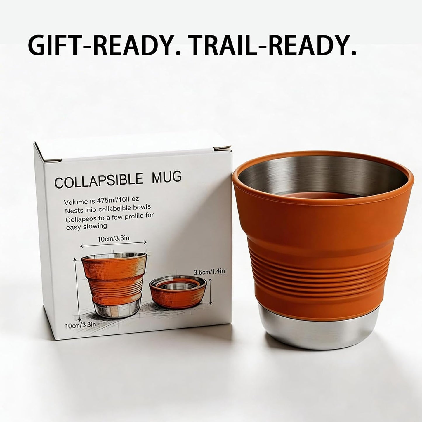 Ultralight Collapsible Travel Cup 16 oz, BPA Free Silicone & Stainless Steel Camping Mug, Foldable Portable Cup for Hiking, Backpacking, Outdoor Coffee Mug (Khaki)