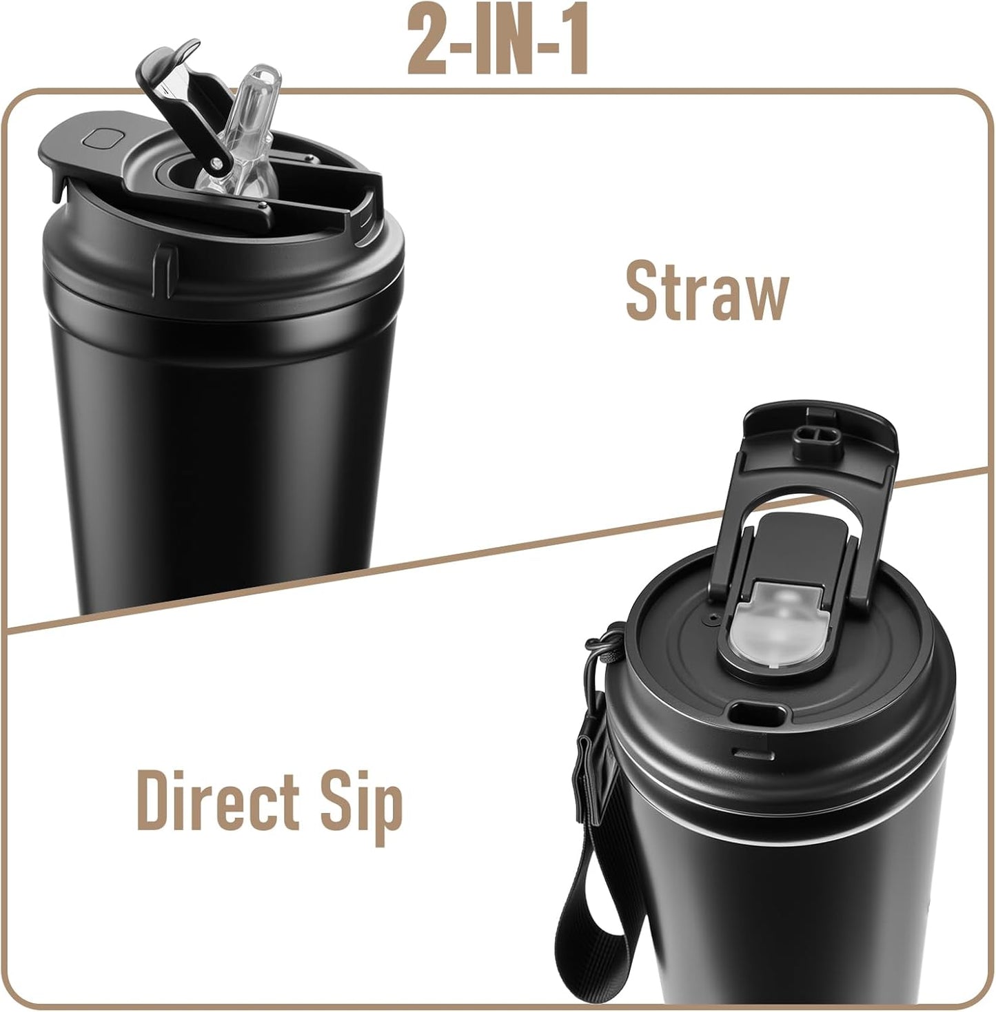 Insulated Travel Coffee Mug, 13oz Leakproof Coffee Tumblers With Strap & 2-In-1 Lids, Vacuum-Insulated Stainless Steel Reusable Coffee Cup For Hot & Cold Drinks(Black)
