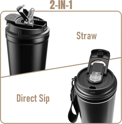 Insulated Travel Coffee Mug, 13oz Leakproof Coffee Tumblers With Strap & 2-In-1 Lids, Vacuum-Insulated Stainless Steel Reusable Coffee Cup For Hot & Cold Drinks(Black)