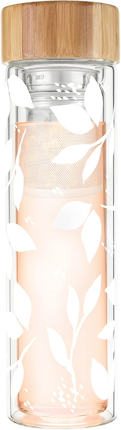 Pinky Up Blair Travel Tea Infuser Mug, Double Walled Insulated Travel Tumbler with Loose Leaf Tea Strainer, Travel Coffee Mug, Keeps Drinks Hot or Cold, 16 oz, White Leaf