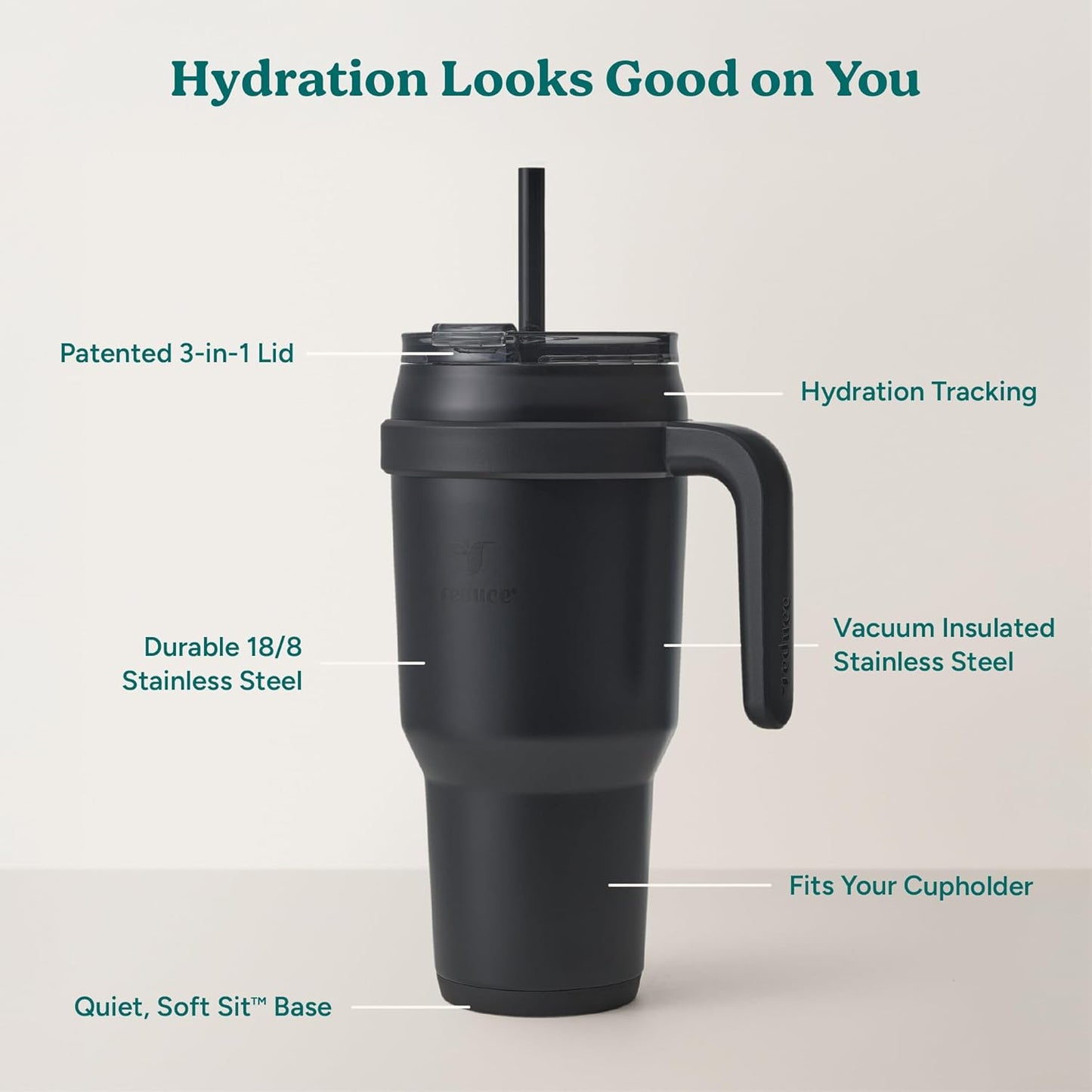 REDUCE 24 oz Stainless Steel Tumbler with Handle - Dual-Wall Vacuum Insulated Travel Mug, Sweat-Proof Lid & Reusable Straw - Keeps Drinks Cold for 24 Hrs, Fits Cupholders, Dishwasher Safe - Lilac Bud
