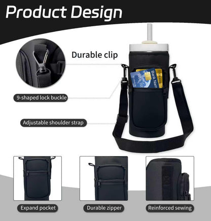 Water Bottle Holder with Strap, Insulated Crossbody Sling Bag, Carrier with Phone Pocket for Walking Hiking Camping Fishing