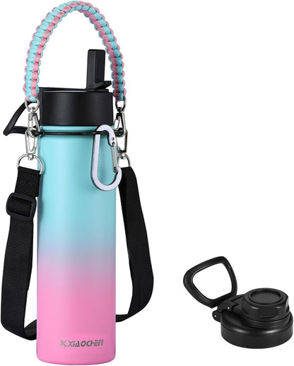 KXIAOCHEN Insulated Water Bottle With Strap, Cold For 48 Hrs Leak Proof, Triple Wall Stainless Steel Sports Water Bottle With Straw And Spout Lid For Gym Hiking Travel