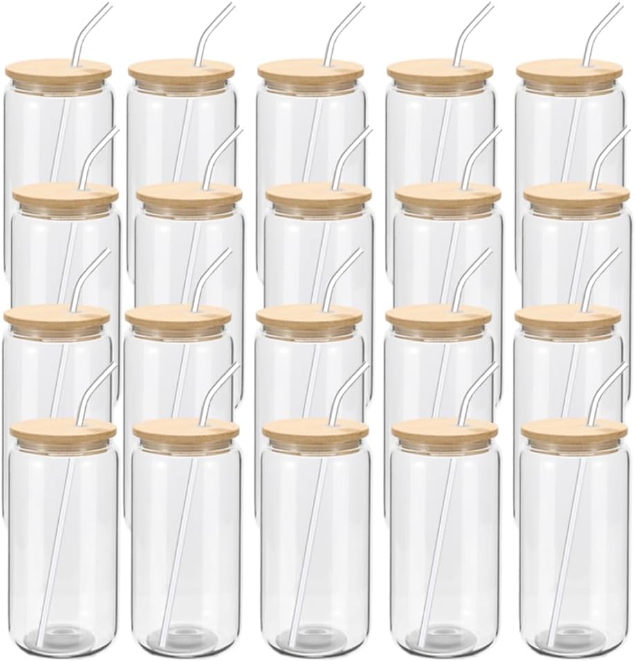 YOUKE OLA 20 Pack Glass Cups with Bamboo Lids and Glass Straw 16oz Beer Can Shaped Drinking Glasses Cups, Glass Tumbler Reusable Cute Cups for Whiskey, Iced Coffee, Tea, Soda, Cocktail, Gift, Clear