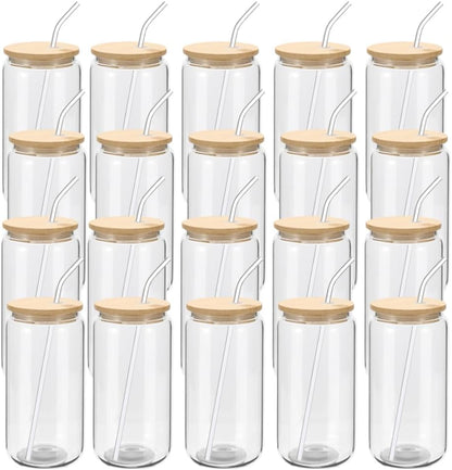 YOUKE OLA 20 Pack Glass Cups with Bamboo Lids and Glass Straw 16oz Beer Can Shaped Drinking Glasses Cups, Glass Tumbler Reusable Cute Cups for Whiskey, Iced Coffee, Tea, Soda, Cocktail, Gift, Clear