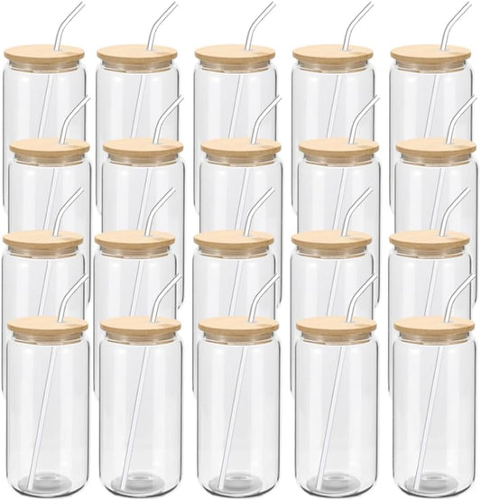YOUKE OLA 20 Pack Glass Cups with Bamboo Lids and Glass Straw 16oz Beer Can Shaped Drinking Glasses Cups, Glass Tumbler Reusable Cute Cups for Whiskey, Iced Coffee, Tea, Soda, Cocktail, Gift, Clear