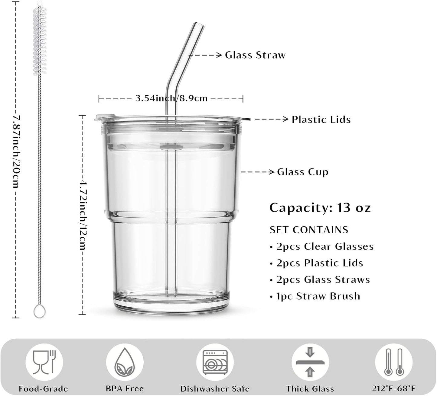 INSETLAN 13oz Portable Glass Tumblers Set of 2, Thick Wall Glass Cups with Lid and Glass Straw, On-the-Go Coffee Cups for Iced Coffee, Tea, Milk, Hot & Cold Drinks, Travel & Daily Use