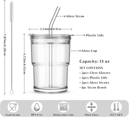 INSETLAN 13oz Portable Glass Tumblers Set of 2, Thick Wall Glass Cups with Lid and Glass Straw, On-the-Go Coffee Cups for Iced Coffee, Tea, Milk, Hot & Cold Drinks, Travel & Daily Use