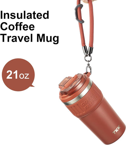 TKK Insulated Coffee Mug with Ceramic Coating, 21oz Iced Coffee Tumbler Cup with Straw Lid Double Wall Vacuum Leak Proof Travel Mug with Strap for Hot and Iced Beverage, Tungsten Steel