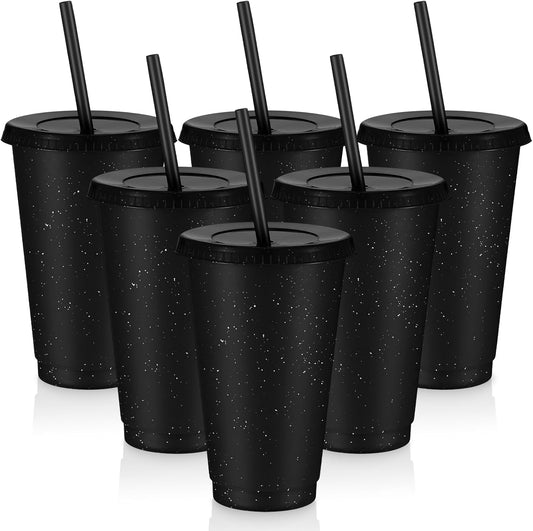 Uiifan 6 Pcs 24 oz Reusable Tumbler with Lids and Straws Plastic Iced Coffee Tumbler Glitter Travel Mug Cup for Smoothie Juices Birthday Party Cold Drink Coffee Cup Bulk for Adult Kid Women (Clear)