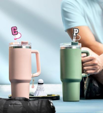 （3 +3) 3PCS Nuozme Straw Cover 10mm For Stanley Tumbler Cup Reusable Straw Cap Topper with 3 Initial Letter Charms Accessories Name ID Personalized Handle Charm For Stanley 30&40 Oz Cup Tumbler - Colors B
