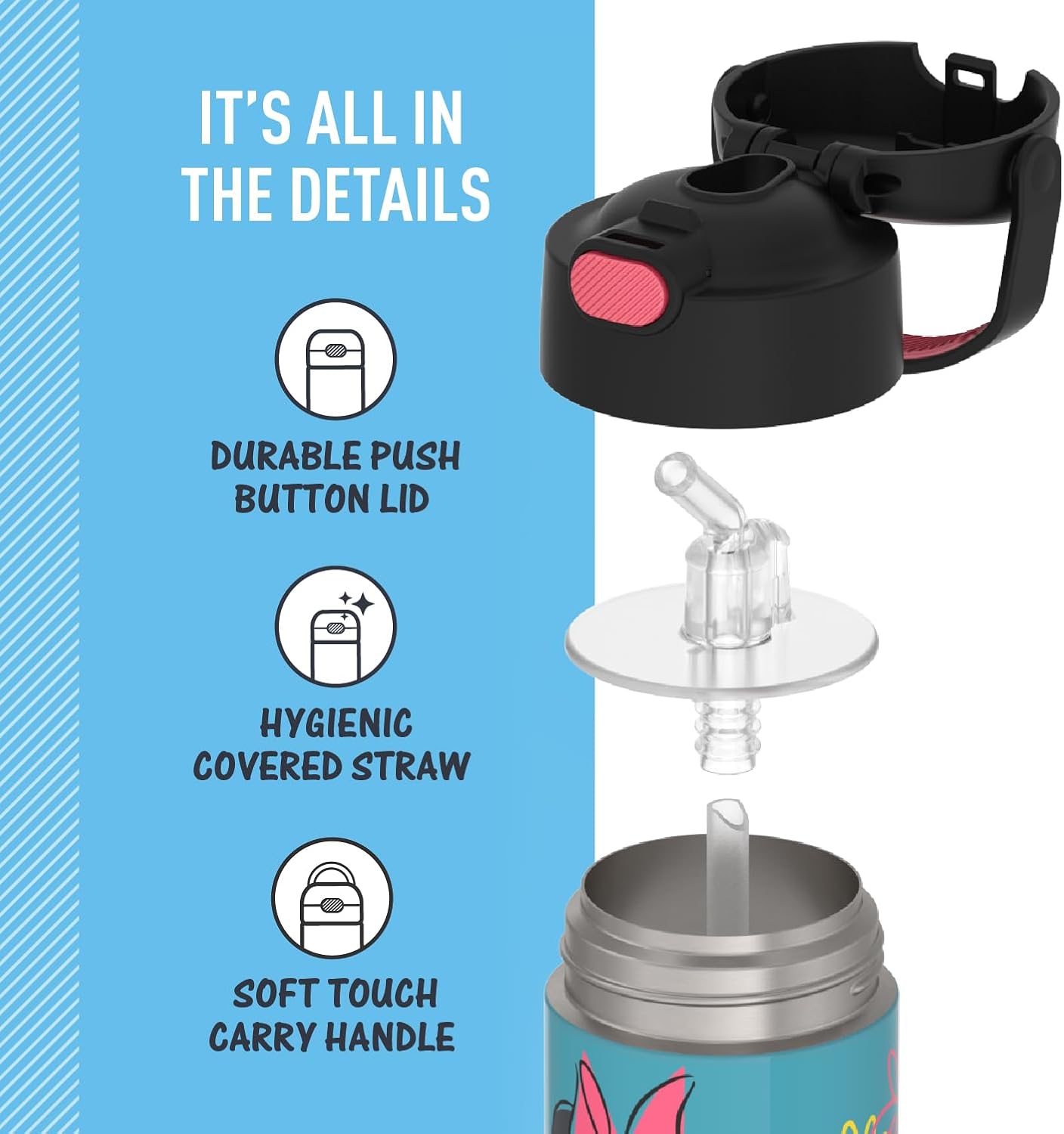 THERMOS FUNTAINER Water Bottle with Straw - 12 Ounce - Kids Stainless Steel Vacuum Insulated Water Bottle with Lid, Bluey - Colors A