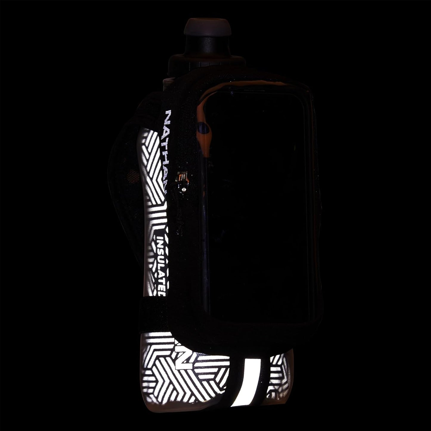 Nathan SpeedDraw 2 Insulated Handheld Running Water Bottle Flask 18oz – Double-Wall Insulation, Ergonomic Grip, Blast Valve Cap, Phone & Key Storage Pockets, Reflective Design