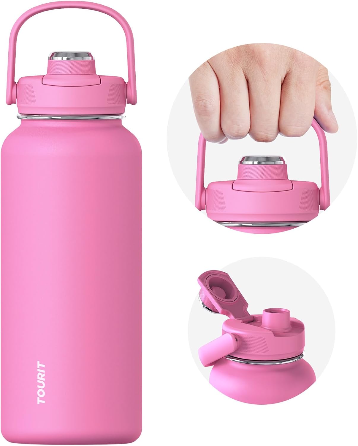 TOURIT 32 oz Insulated Water Bottle, Stainless Steel Sports Water Bottles With Top Handle, Double-Wall Travel Thermal Water Flask, BPA Free Leakproof Water Bottle for Sports and Travel,Pink