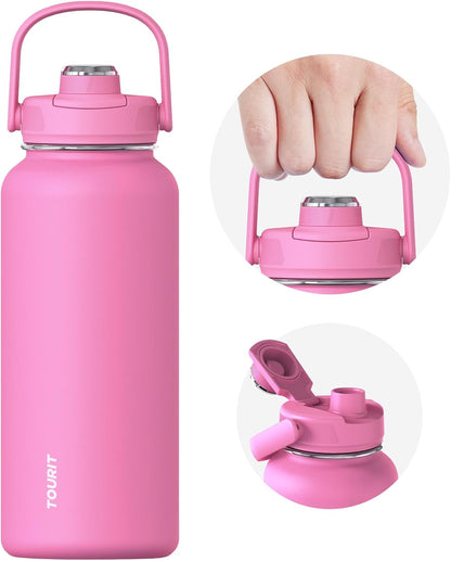 TOURIT 32 oz Insulated Water Bottle, Stainless Steel Sports Water Bottles With Top Handle, Double-Wall Travel Thermal Water Flask, BPA Free Leakproof Water Bottle for Sports and Travel,Pink