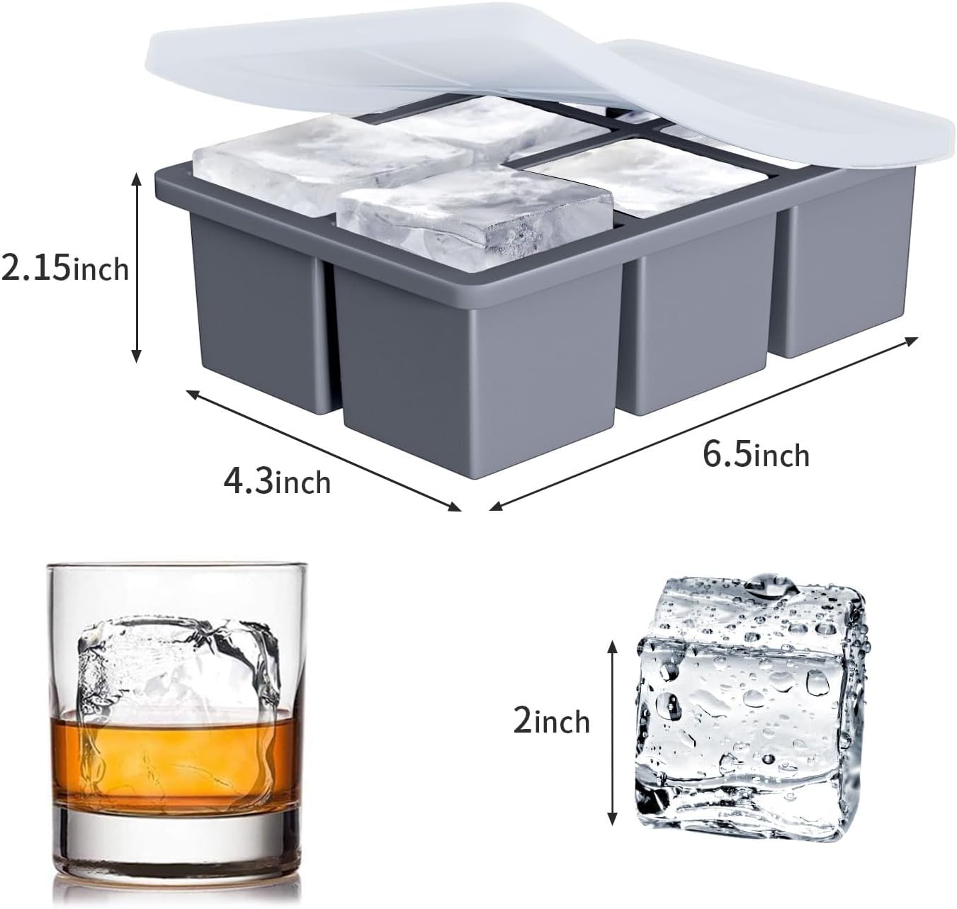 Large Ice Cube Tray for Whiskey: FDDBI Silicone Ice Cube Trays with Lid - 2Pack Big Square Old Fashioned Ice Cube Maker for Cocktail - 2inch Huge Cubed Ice Trays for Whisky