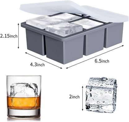 Large Ice Cube Tray for Whiskey: FDDBI Silicone Ice Cube Trays with Lid - 2Pack Big Square Old Fashioned Ice Cube Maker for Cocktail - 2inch Huge Cubed Ice Trays for Whisky