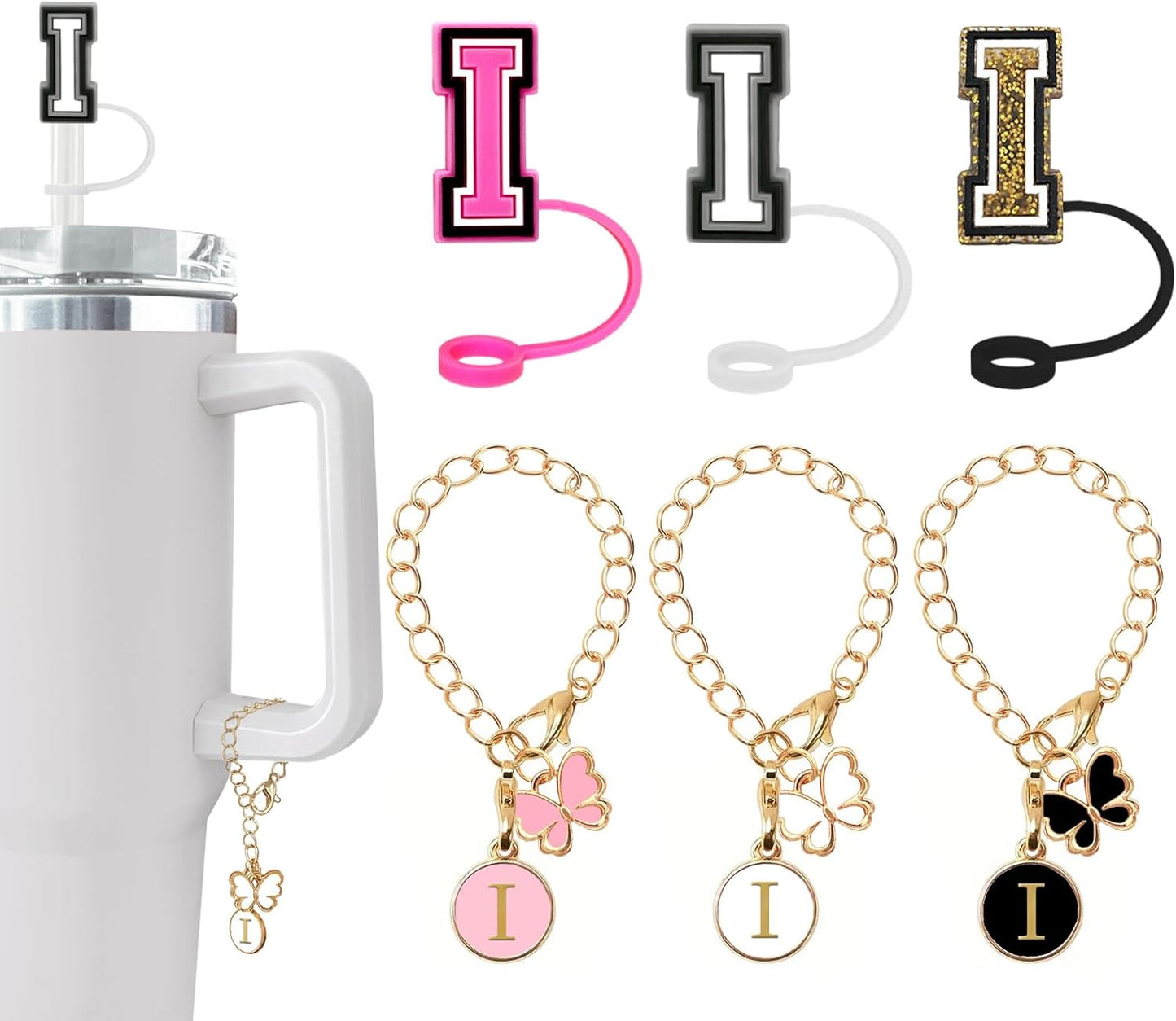 （3 +3) 3PCS Nuozme Straw Cover 10mm For Stanley Tumbler Cup Reusable Straw Cap Topper with 3 Initial Letter Charms Accessories Name ID Personalized Handle Charm For Stanley 30&40 Oz Cup Tumbler - Colors B
