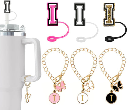 （3 +3) 3PCS Nuozme Straw Cover 10mm For Stanley Tumbler Cup Reusable Straw Cap Topper with 3 Initial Letter Charms Accessories Name ID Personalized Handle Charm For Stanley 30&40 Oz Cup Tumbler - Colors B
