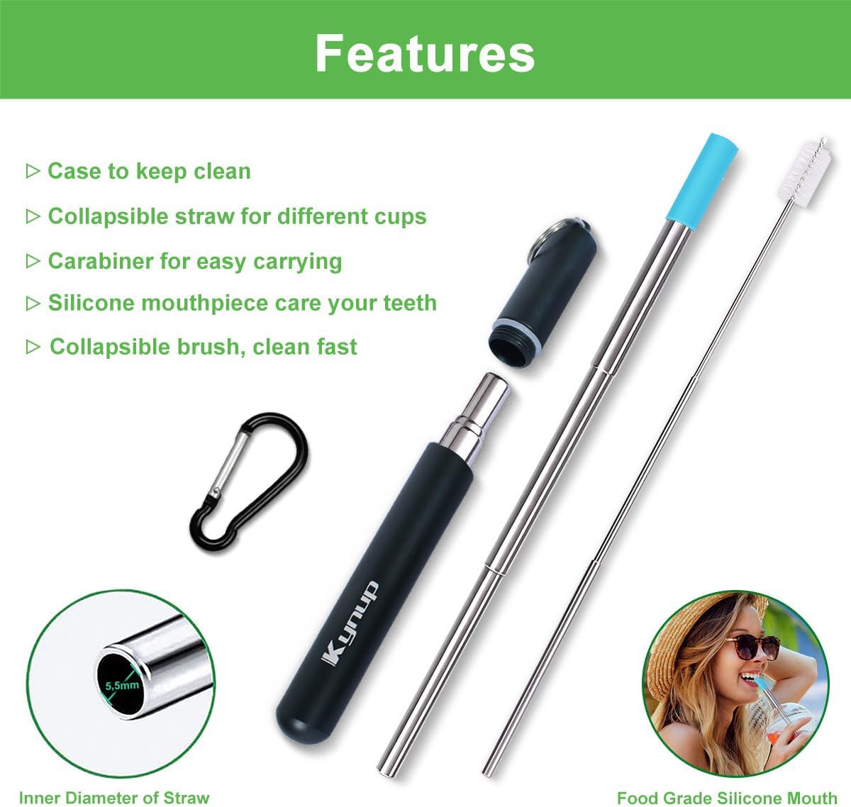 Kynup 4Packs Reusable Straws, Metal Straw with Silicon, Travel Drinking Straws with Case, Keychain, Cleaning Brushes, Silicon Pcs Perfect for Travel, Gifts (20 PCS) Blue-Black-Silver-Turquoise