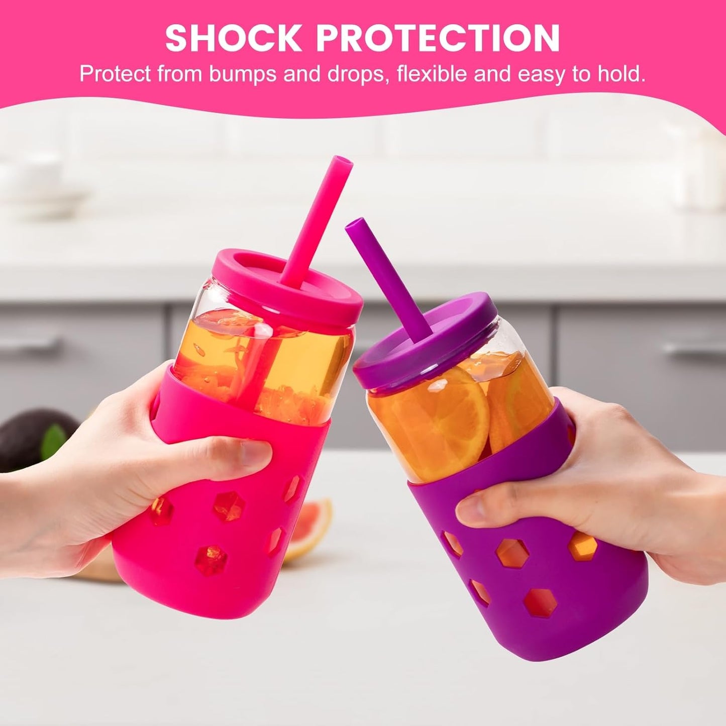 Mrsdry Glass Cups with Lids and Straws (4 Pcs), 16oz Drinking Glasses Set with Silicone Sleeves for Coffee Bar Accessories Iced Coffee Cups with Lids, Glass Tumbler Reusable for Gifts