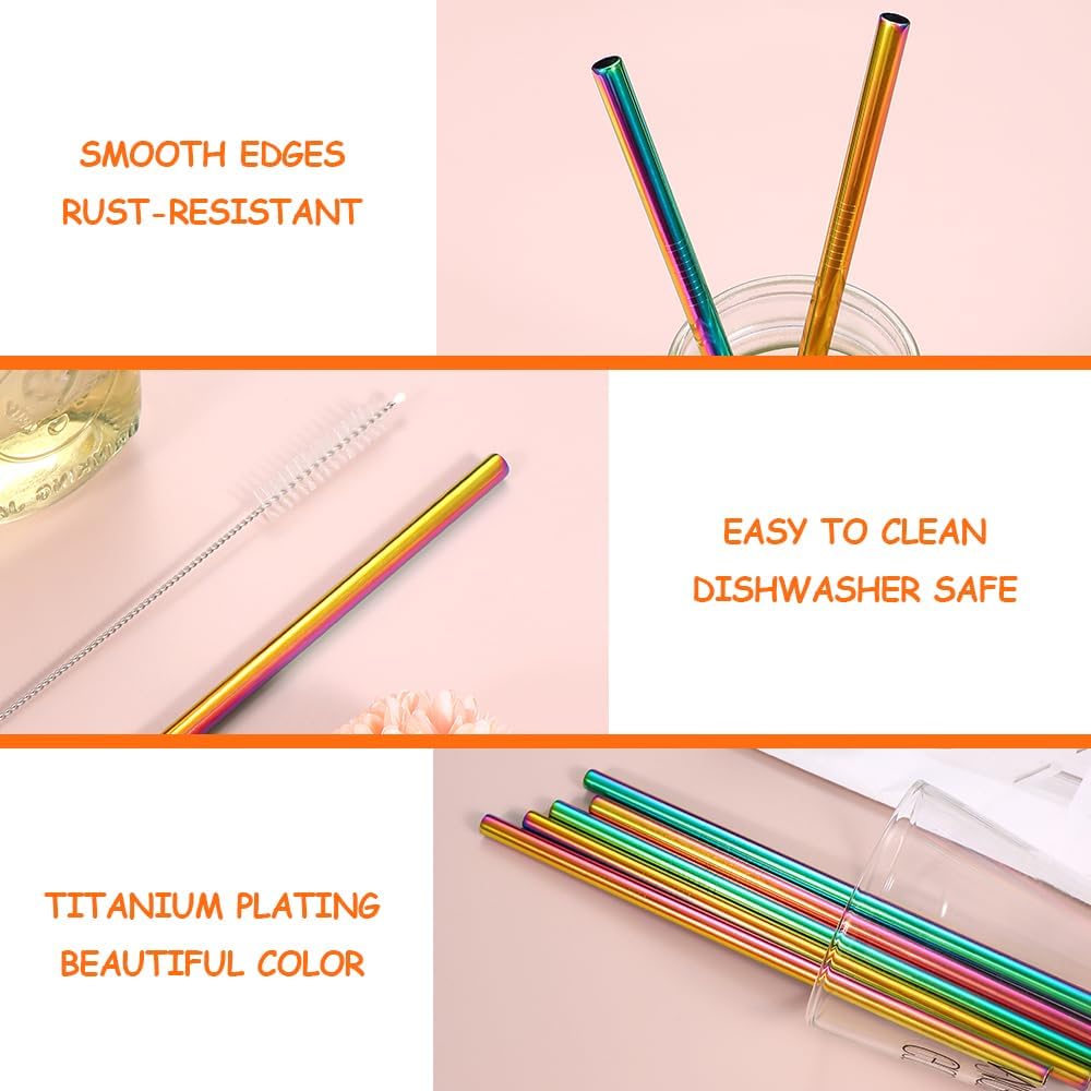Lazycorner 16 Pcs Metal Straw Reusable 8.5" 10.5" 6mm Stainless Steel Straws for Tumblers 20oz-32oz, Rainbow Drinking Straws with Silicone Tips, 4 Straw Cleaner Brush, 1 Travel Case
