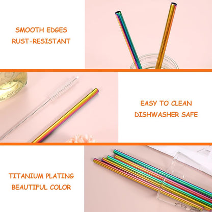 Lazycorner 16 Pcs Metal Straw Reusable 8.5" 10.5" 6mm Stainless Steel Straws for Tumblers 20oz-32oz, Rainbow Drinking Straws with Silicone Tips, 4 Straw Cleaner Brush, 1 Travel Case