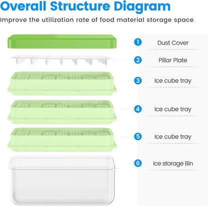 Ice Cube Tray with Lid and Bin, PHINOX 56 pcs Ice Trays for Freezer, Ice Cube Trays for Freezer with 2 trays, Container, Lid & Ice Scoop, BPA Free