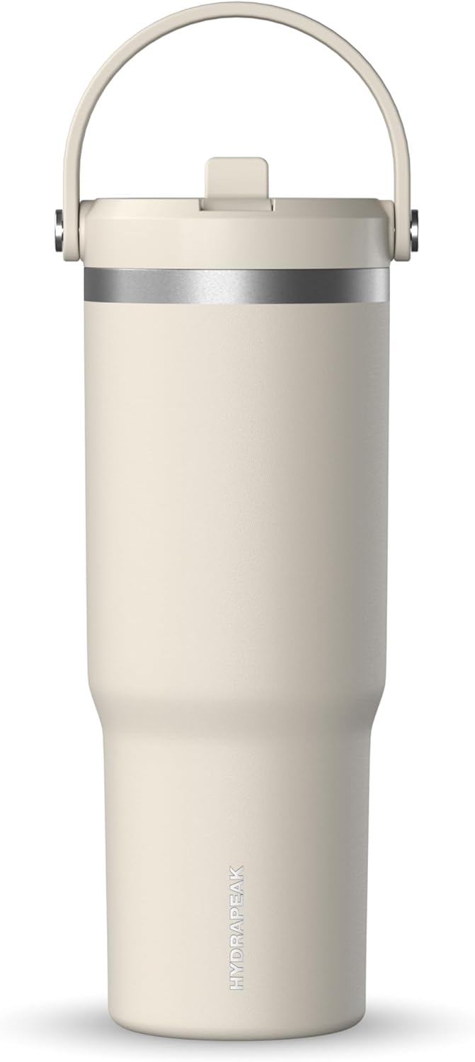 Hydrapeak Nomad 32oz Insulated Stainless Steel Travel Tumbler with Handle & Straw Lid, Leakproof, Cupholder Friendly, Keeps Drinks Cold 24 Hours, Reusable Bottle for Daily Hydration (Pale Sage)