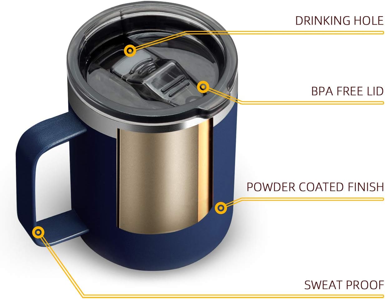 12oz Insulated Coffee Mug Cup with Handle, Stainless Steel Travel Coffee Mug with Flip Lid, Double Wall Vacuum Coffee Tumbler, Navy