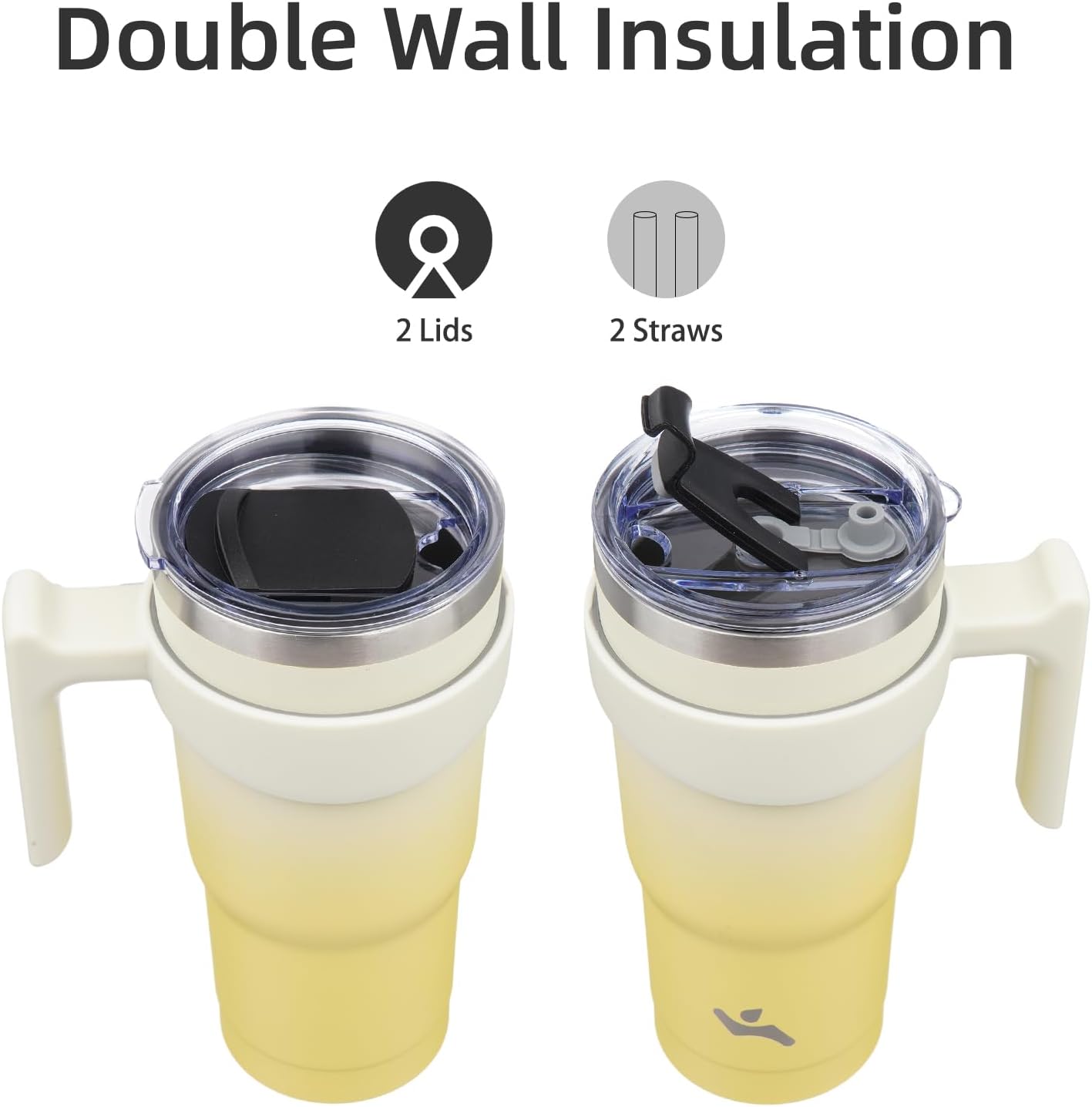 Konokyo 20 oz Tumbler with Handle and 2 Straw 2 Lid, Insulated Water Bottle Stainless Steel Vacuum Cup Reusable Travel Mug,Black