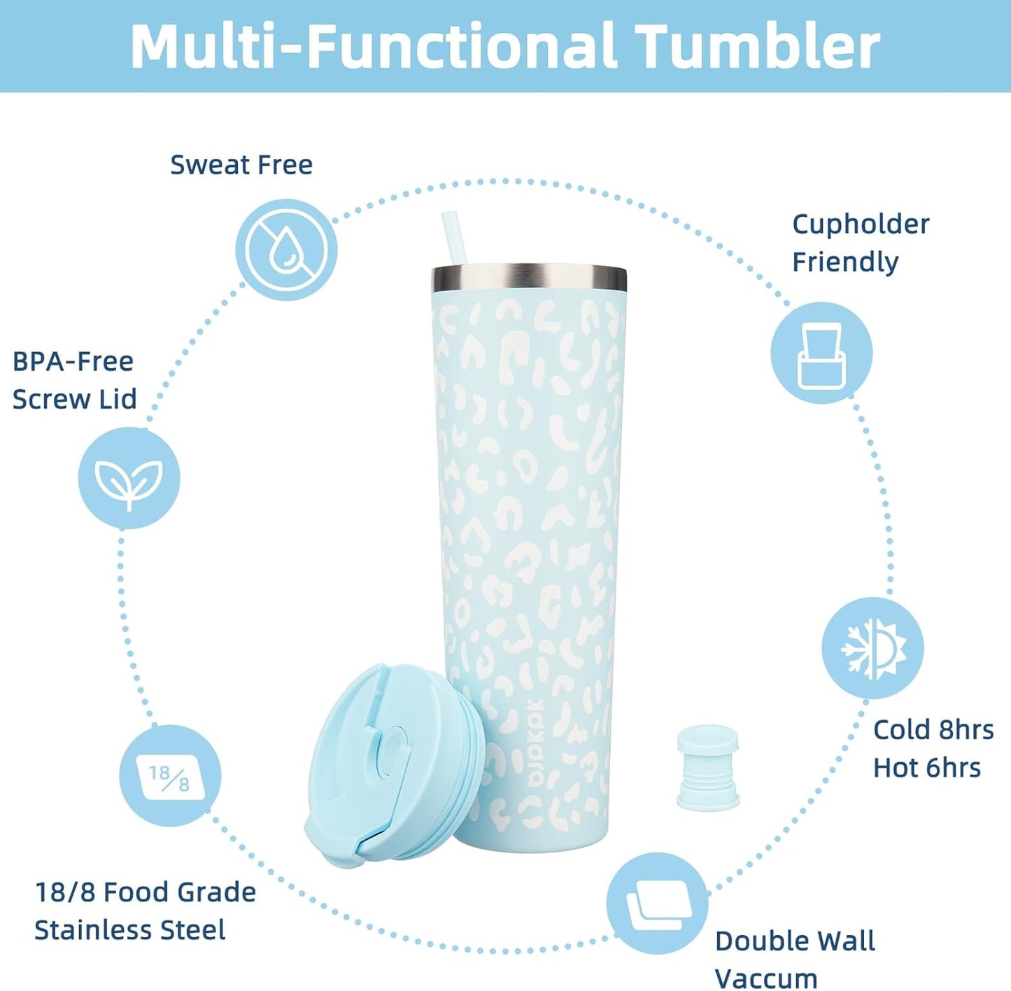 BJPKPK 4 Pack Tumbler with Lid and Straw,30oz Insulated Tumblers Bulk Reusable Travel Coffee Mug, Dishwasher Safe Double Wall Vacuum Insulated Cup Gift for Men Women,Light Blue Leopard