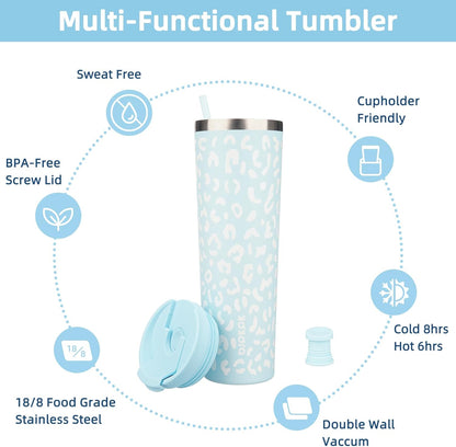 BJPKPK 4 Pack Tumbler with Lid and Straw,30oz Insulated Tumblers Bulk Reusable Travel Coffee Mug, Dishwasher Safe Double Wall Vacuum Insulated Cup Gift for Men Women,Light Blue Leopard