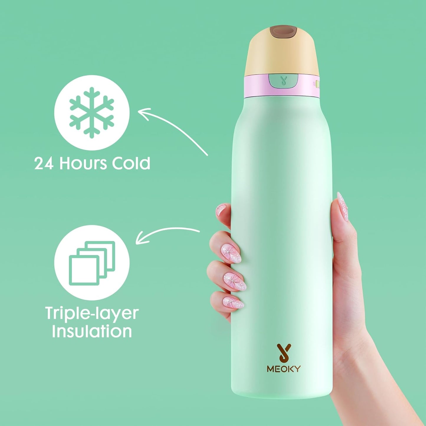 Meoky 24 oz Slim Insulated Water Bottle: Leak Proof Locking Lid, 2-in-1 Straw and Spout, 24 Hours Cold, Top Handle, BPA Free, Stainless Steel Water Bottle for Men Sports Travel Gym, Night