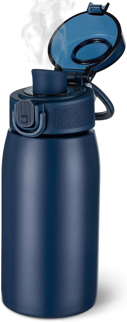 Insulated Water Bottle 24 oz with Dustproof Lid, Carry Handle & Tea Infuser, BPA-Free & Leakproof, Stainless Steel Water Bottles Ideal for Fitness, Hiking, Office & Outdoor Use (Black)