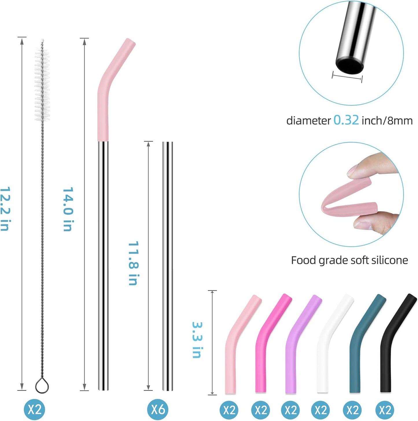 40 oz Stainless Metal Straws for 40 oz Stanley Tumbler, 6Pcs Reusable Straight Long Steel Straws with 12 Silicone Tips and 2 Straw Cleaning Brushes (6Color1, 40oz)