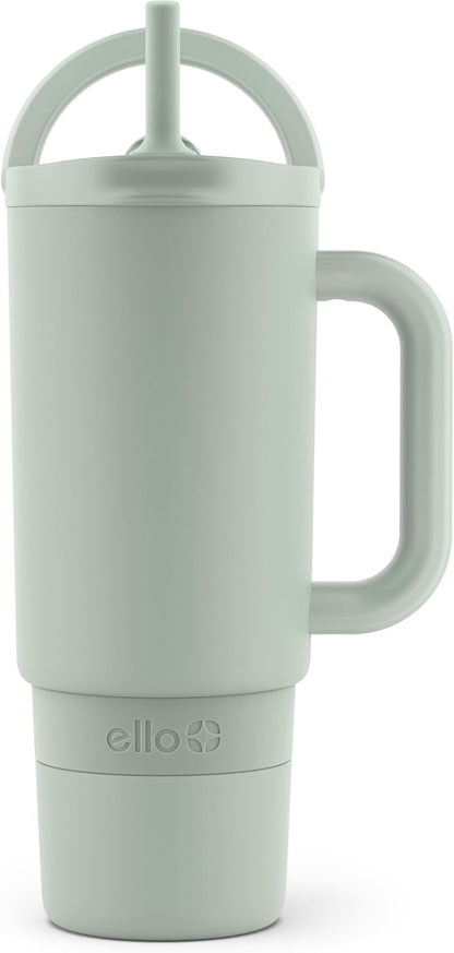 Ello Port 40oz Tumbler with Carry Loop & Integrated Handle, Vacuum Insulated Stainless Steel Reusable Water Bottle, Travel Mug with Leak Proof Lid & Straw, Perfect for Iced Coffee & Tea, White
