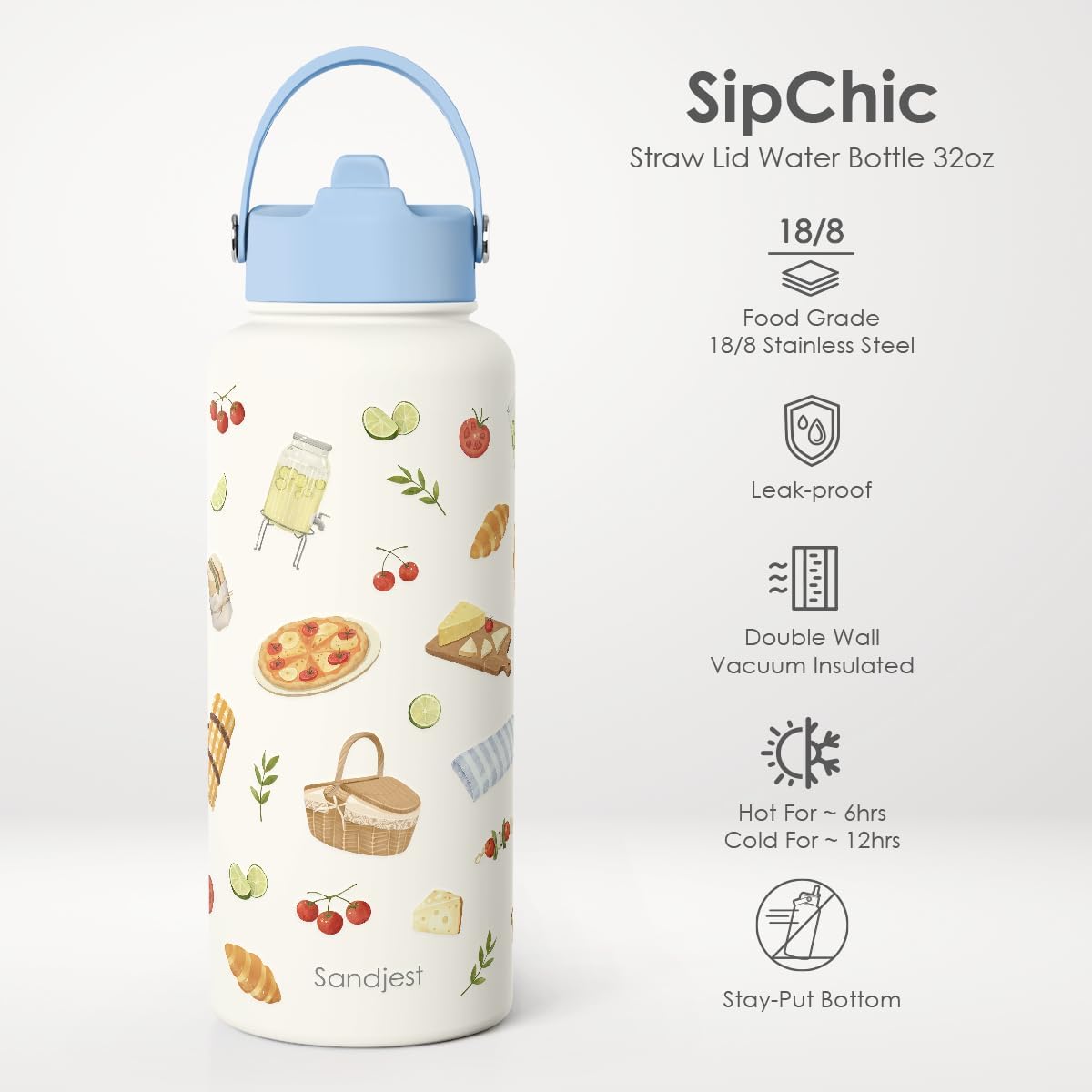 SANDJEST Pickleball Gift for Women, Water Bottle Stainless Steel 32oz with Lid & Straw, Sport Insulated Bottles Gifts for Girls Friends Teens Birthday Christmas