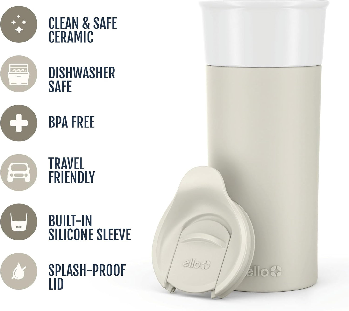 Ello Ogden Ceramic Travel Mug with Splash-Resistant Slider Lid and Protective Silicone Boot, Perfect for Coffee or Tea, BPA Free, Dishwasher Safe, Gray, 16 oz, 758-0438-040