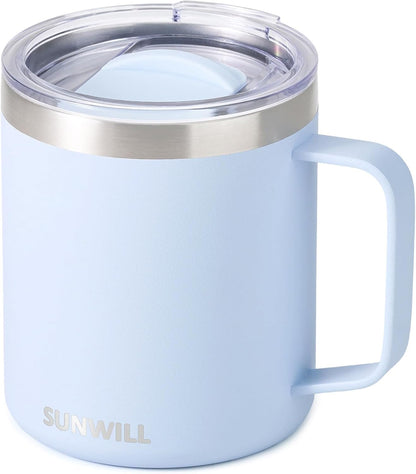 SUNWILL Travel Coffee Mug with Lid, Insulated Tumbler with Handle, 14 oz Stainless Steel Cup for Ice, Water, Tea, Rose Gold