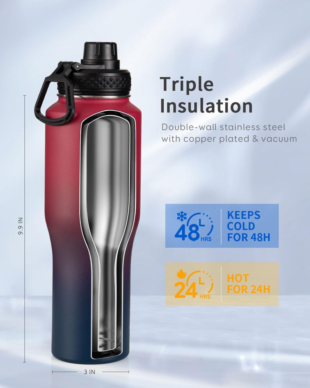 Trebo 40 oz Water Bottle Insulated Fit Car Cup Holder with Handle, Stainless Steel Water Bottles Tumbler with Spout Straw Lids, Double Wall Travel Reusable Flask, Leakproof Mug,Keep Cold &Hot,Black