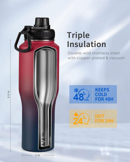Trebo 40 oz Water Bottle Insulated Fit Car Cup Holder with Handle, Stainless Steel Water Bottles Tumbler with Spout Straw Lids, Double Wall Travel Reusable Flask, Leakproof Mug,Keep Cold &Hot,Black