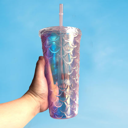 Studded Tumbler With Straw Tumblers With Lids And Straws Iridescent Blue Cups Water Cup With Straw And Lid BPA-Free Double-Wall Plastic for Iced Coffee Cups or Water 24 Oz