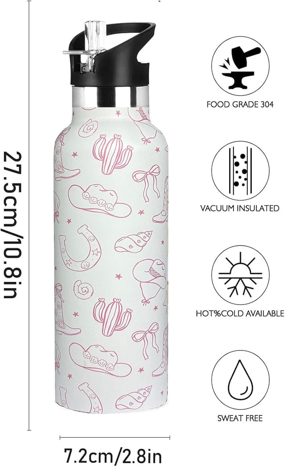 Pickleball Sport Water Bottle with Straw, Vacuum Insulated Stainless Steel Thermal Drinking Travel Mug Cups For Gym Fitness Camping-20oz/600ml