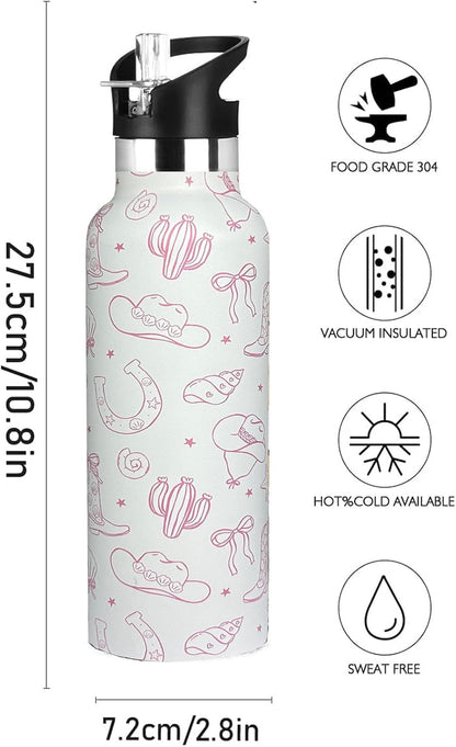 Pickleball Sport Water Bottle with Straw, Vacuum Insulated Stainless Steel Thermal Drinking Travel Mug Cups For Gym Fitness Camping-20oz/600ml