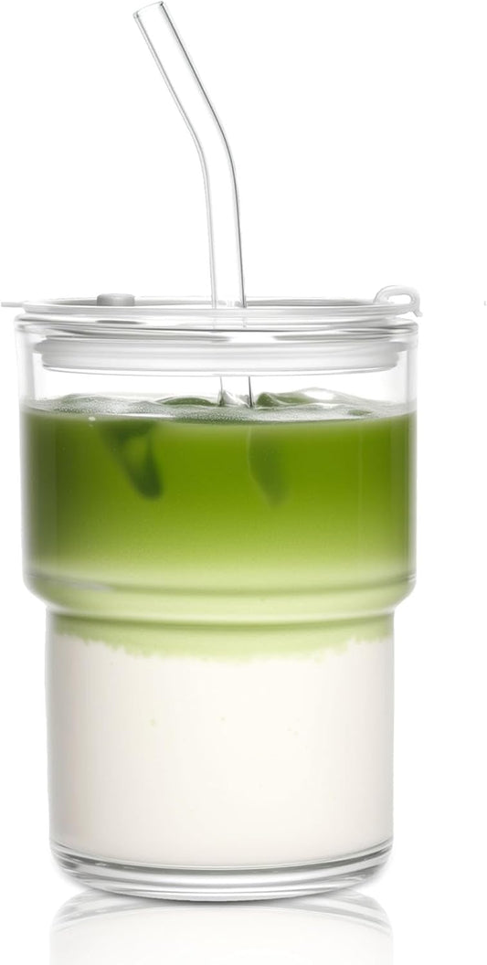 15oz Iced Coffee Cups with Lids Reusable,2Pcs Glass Matcha Cups,Glass Cups with Lids and Straws,Clear Glass Coffee Tumbler for Drinking Water,Tea,Juice