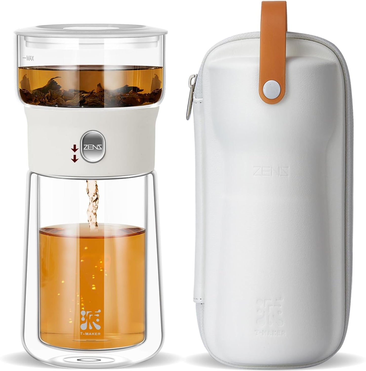 ZENS Modern Glass Infuser Teapot, One Touch Tea Maker for Loose Leaf Tea with Insulated Mug and Portable Case. Enchanted Pot Alternatives for Tea Lover Gifts